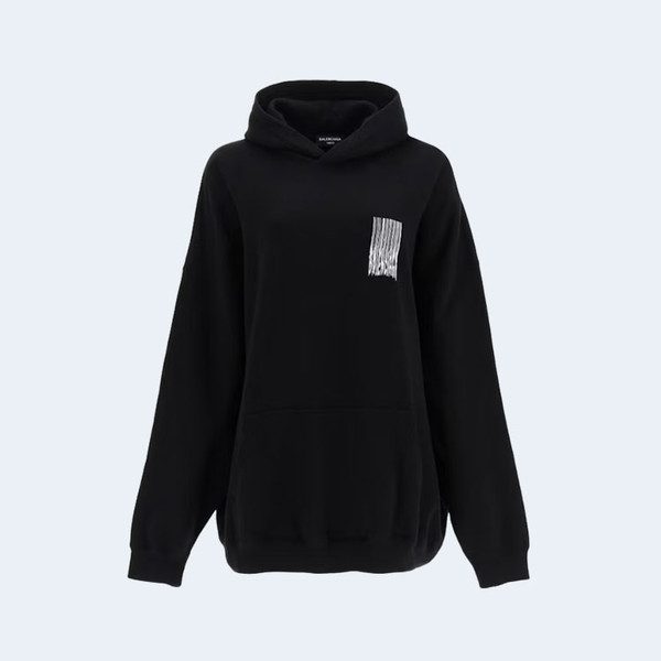 발렌시아가 바코드 로고 코튼 후디 블랙