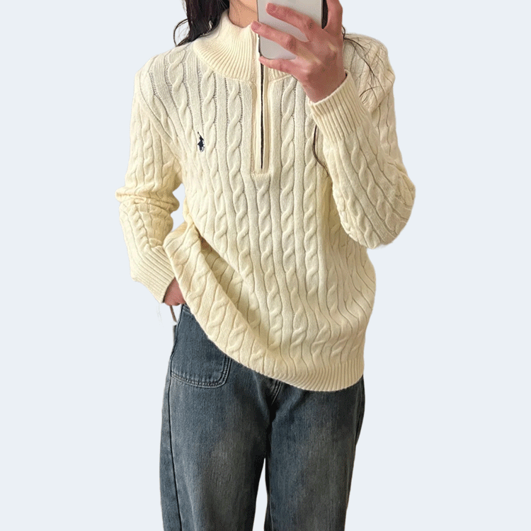 폴로 랄프로렌 케이블 쿼터 니트집업 아이보리