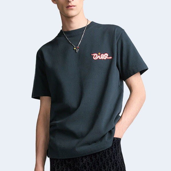 디올 AND KAWS 캐주얼 핏 티셔츠 블루